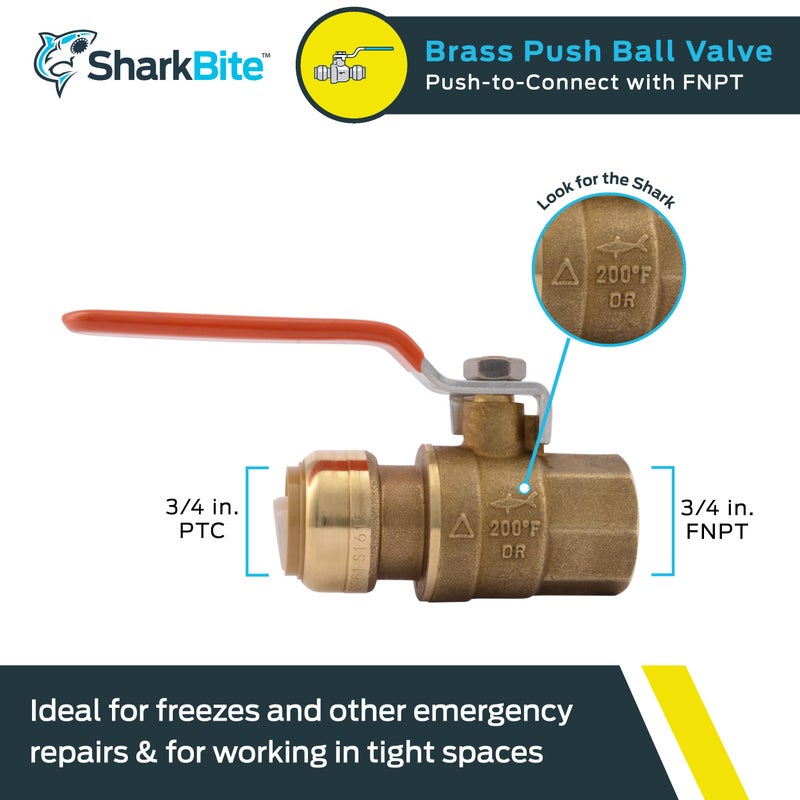 SharkBite 3/4 x 3/4 Inch Ball Valve with FNPT Connector, Push to Connect Brass Plumbing Fitting, PEX Pipe, Copper, CPVC, PE-RT, HDPE, 22186-0000LF - Image 2